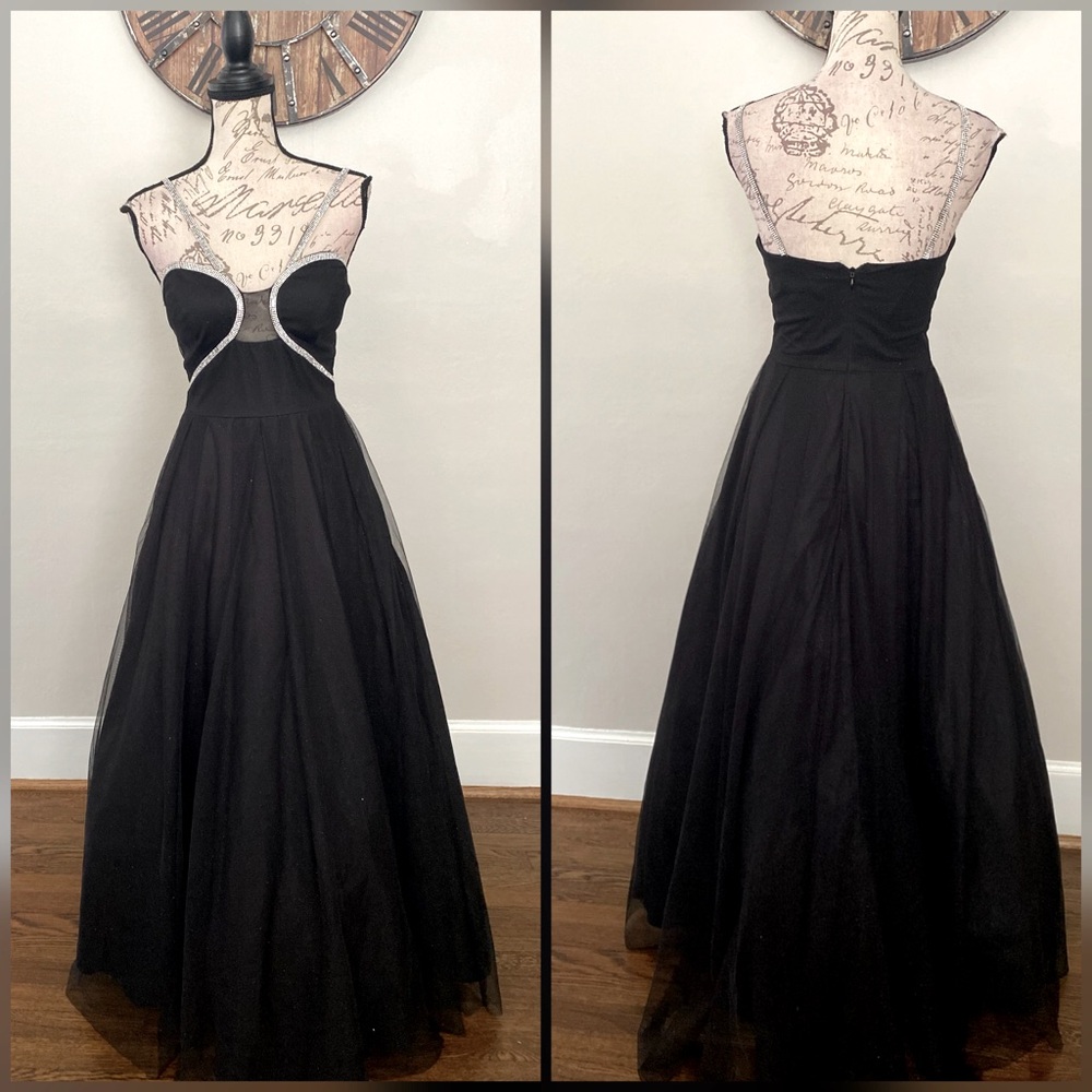 Black unique retro style prom dress or formal dress with glitter and rhinestones